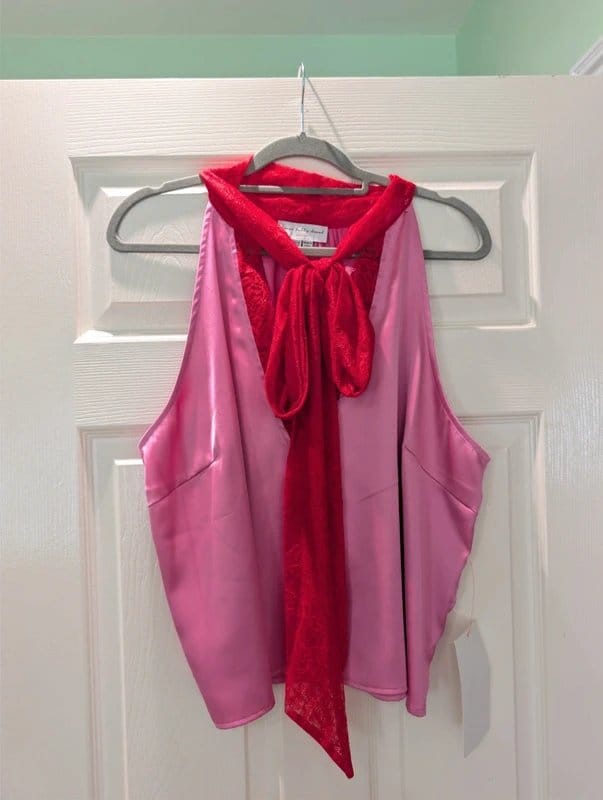 Never Fully Dressed Pink Satin Top with Red Lace Necktie