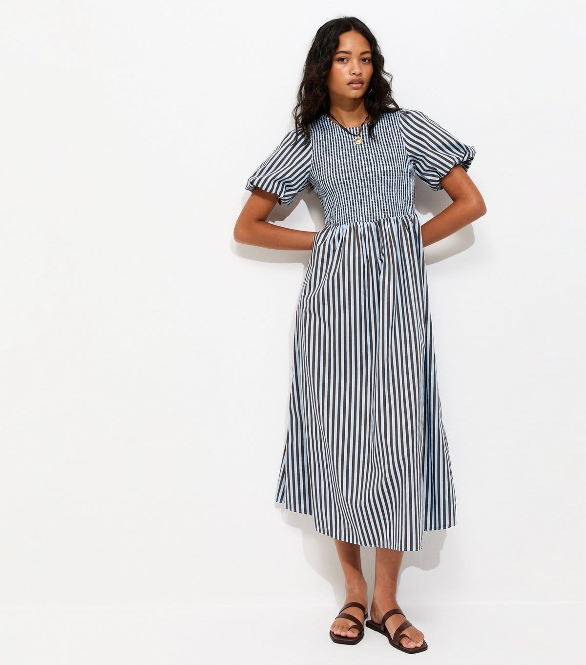 Women's Blue Cotton Striped Shirred Midi Dress New Look
