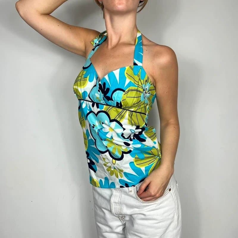 New Look Blue and green floral halter top with adjustable straps #y2kfashion #floralvibes