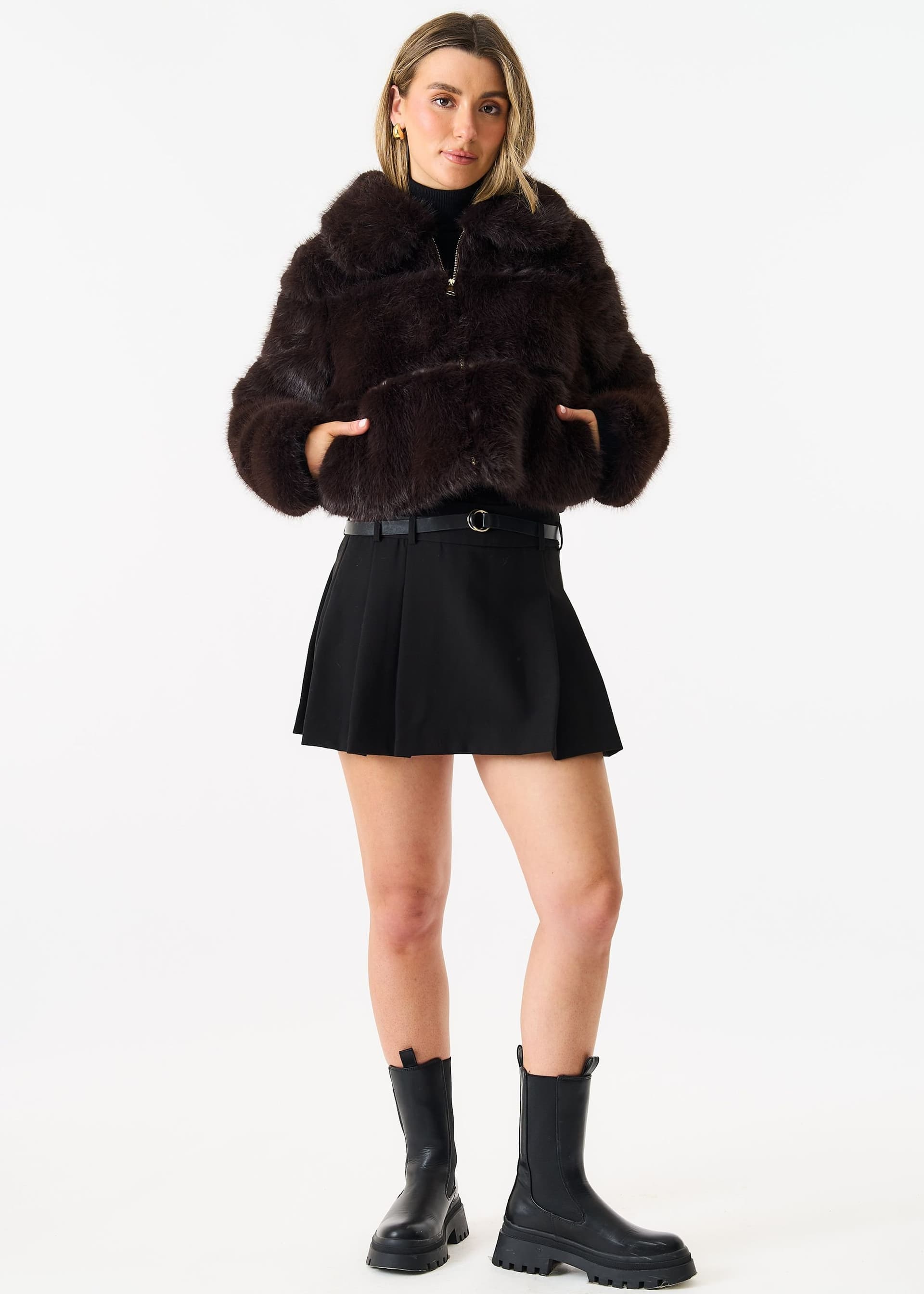 Gini London Gini London Women's Brown Panel Faux Fur Cropped Jacket