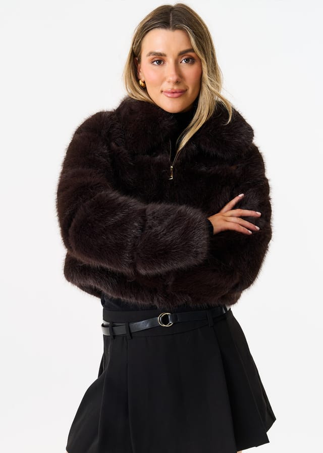 Gini London Gini London Women's Brown Panel Faux Fur Cropped Jacket - 3