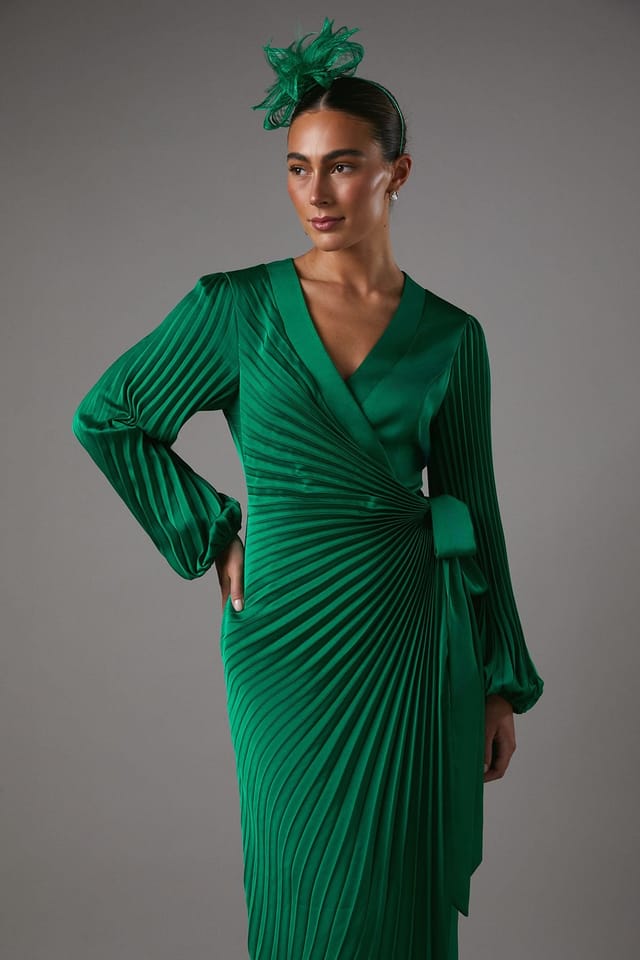 Coast Coast Women's Satin Pleated Wrap Dress in Green - 2