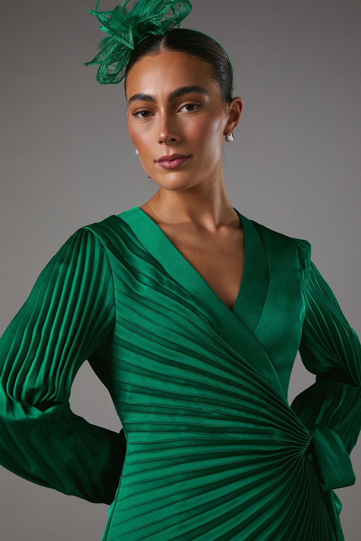 Coast Coast Women's Satin Pleated Wrap Dress in Green - 4