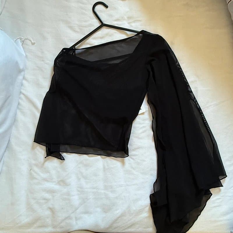 Bershka Black Asymmetric Mesh Tulle Top
