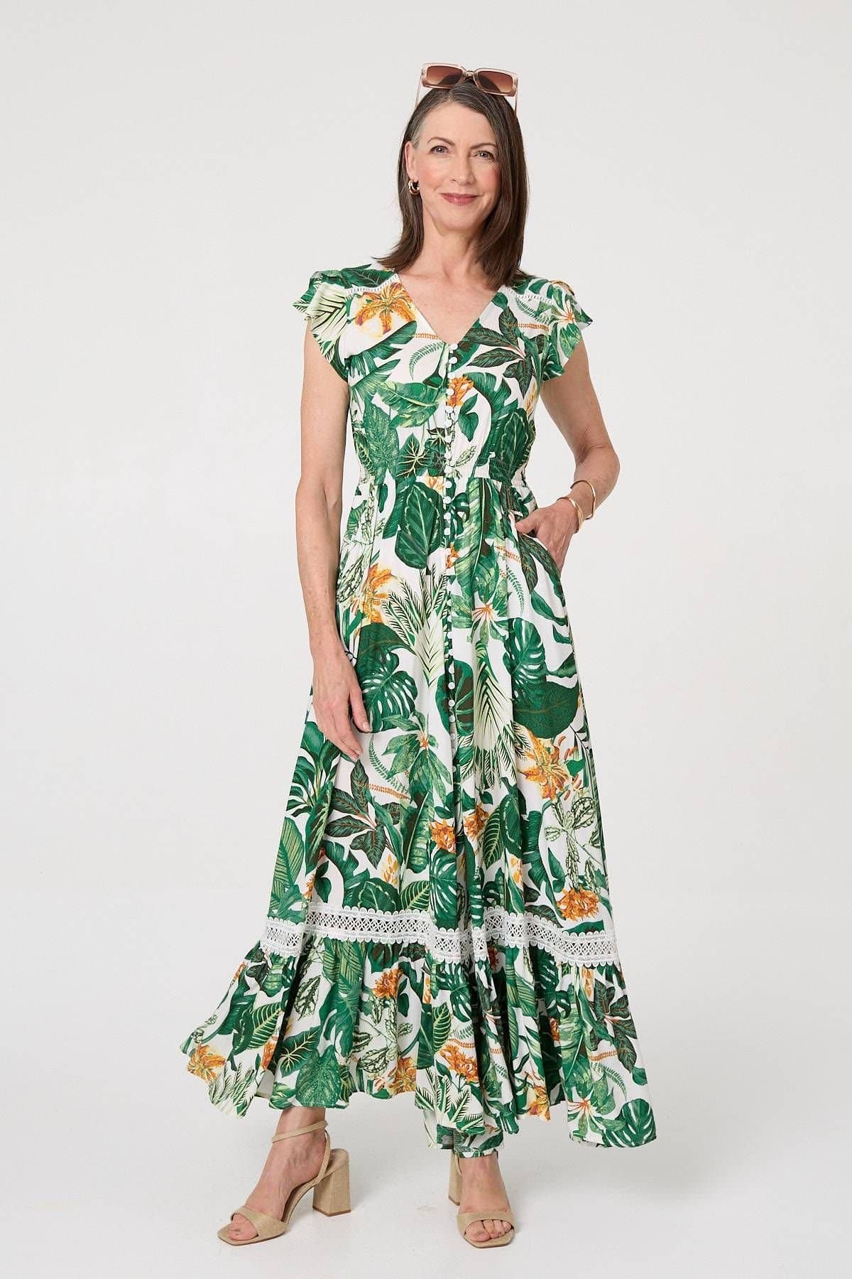 Izabel London Izabel London Women's Leaf Print Cap Sleeve Lace Maxi Dress in Green