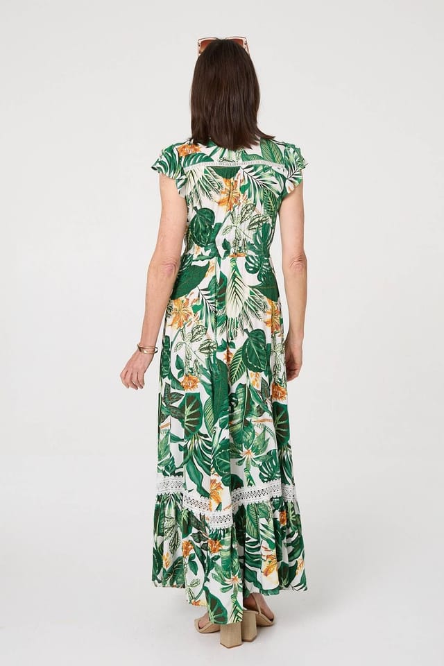 Izabel London Izabel London Women's Leaf Print Cap Sleeve Lace Maxi Dress in Green - 3