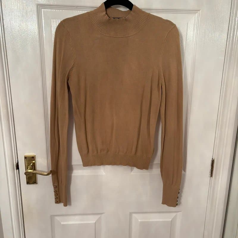 Topshop Camel Topshop turtle neck knitted jumper with cuff button detail
