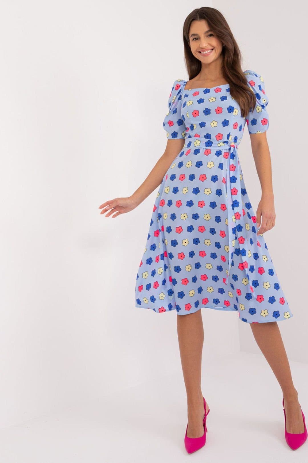 Love Lace Love Lace Women's Floral Sweetheart Puff Sleeve Summer Dress in Blue