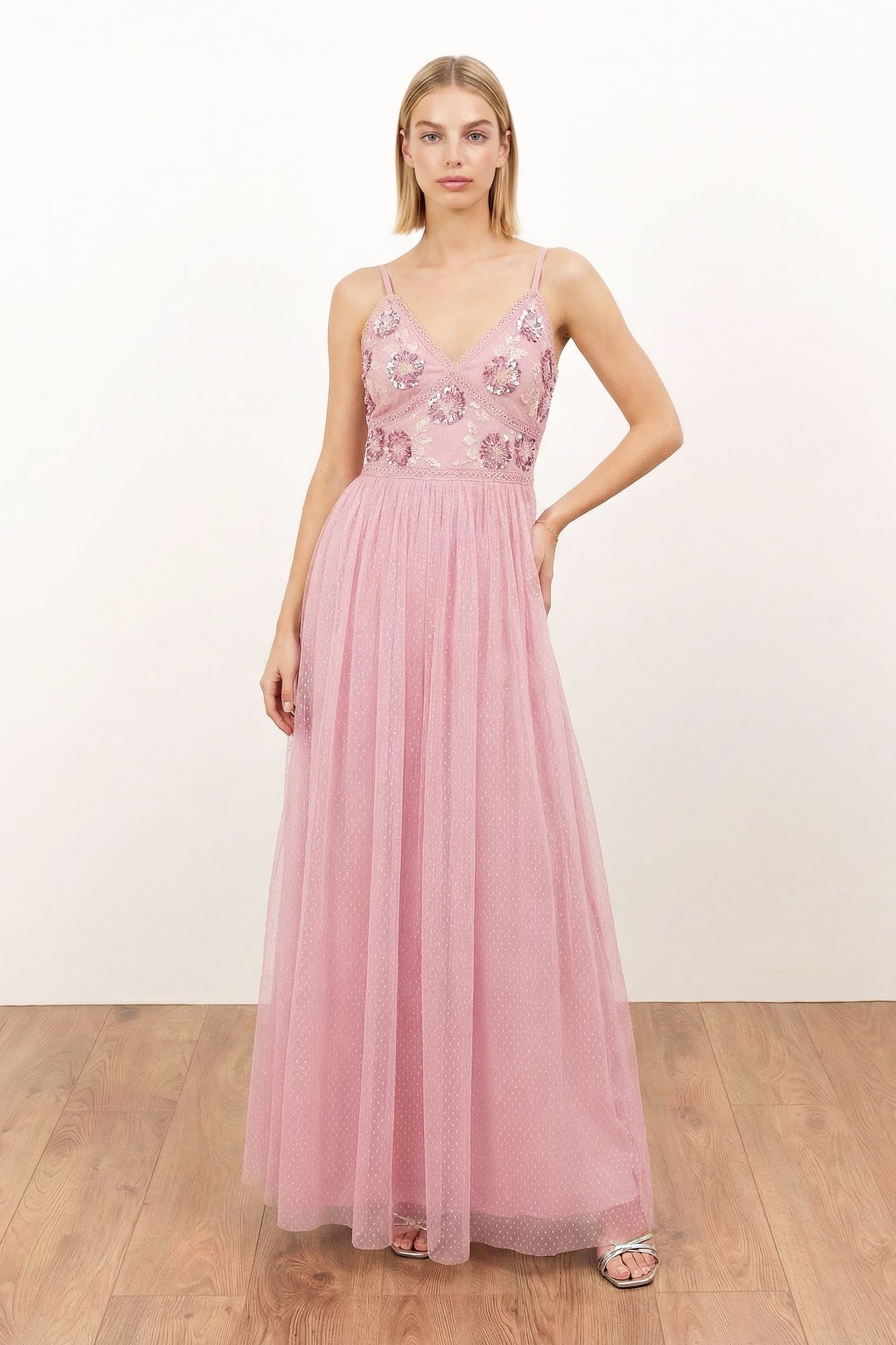 Maya Deluxe Maya Deluxe Women's Floral Embellished Spot Mesh Cami Maxi Dress in Light Pink