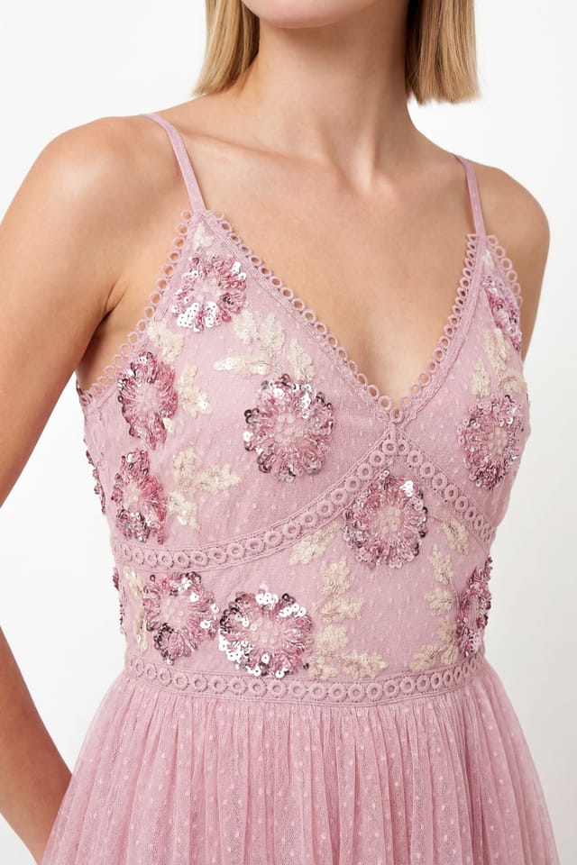 Maya Deluxe Maya Deluxe Women's Floral Embellished Spot Mesh Cami Maxi Dress in Light Pink - 3