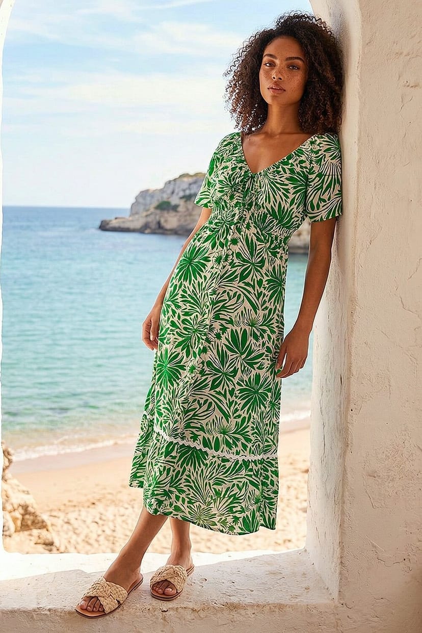 Dusk Dusk Women's Abstract Ric Rac Trim Dress in Green - 1