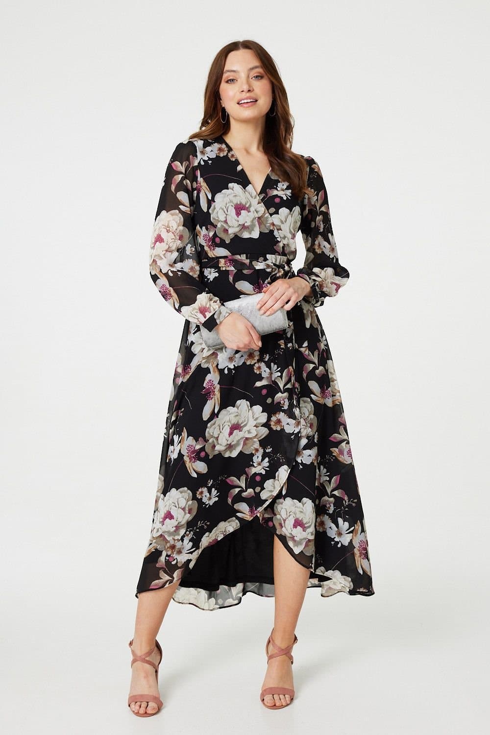 Izabel London Izabel London Women's Floral Long Sleeve Tie Waist Wrap Midi Dress in Black