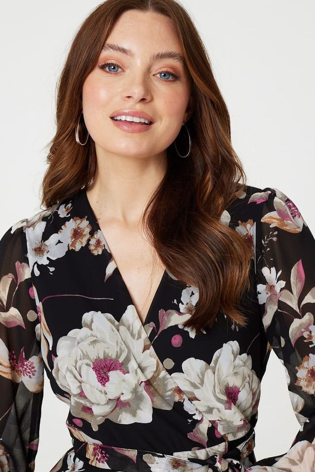 Izabel London Izabel London Women's Floral Long Sleeve Tie Waist Wrap Midi Dress in Black - 2