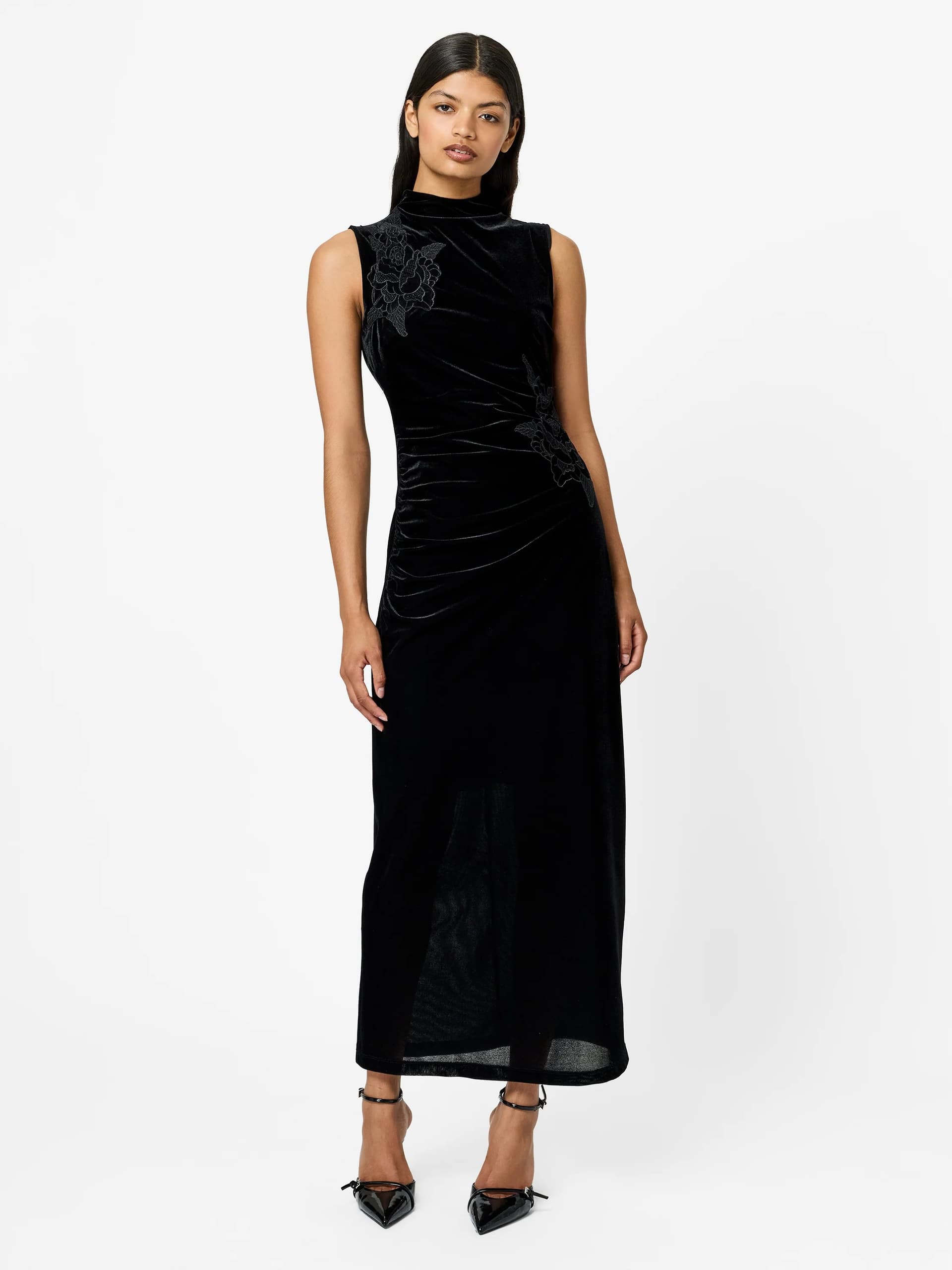 French Connection Black Velvet Floral Applique Maxi Dress Black
