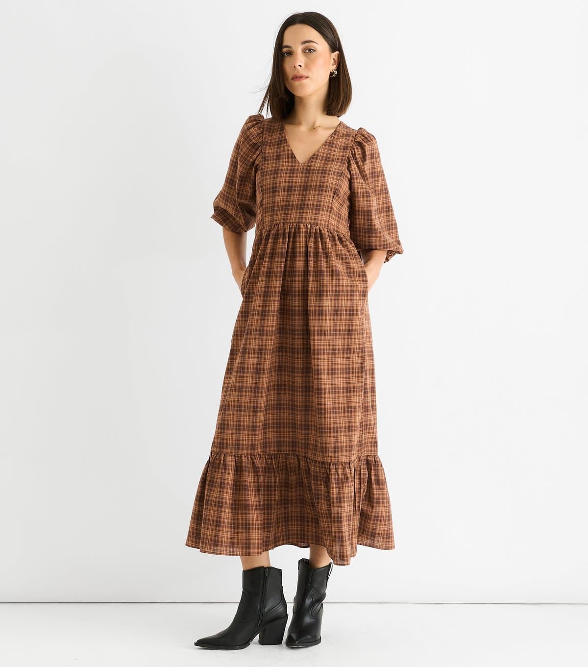 Gini London Women's Brown Puff Sleeve Check Midi Dress Gini London New Look
