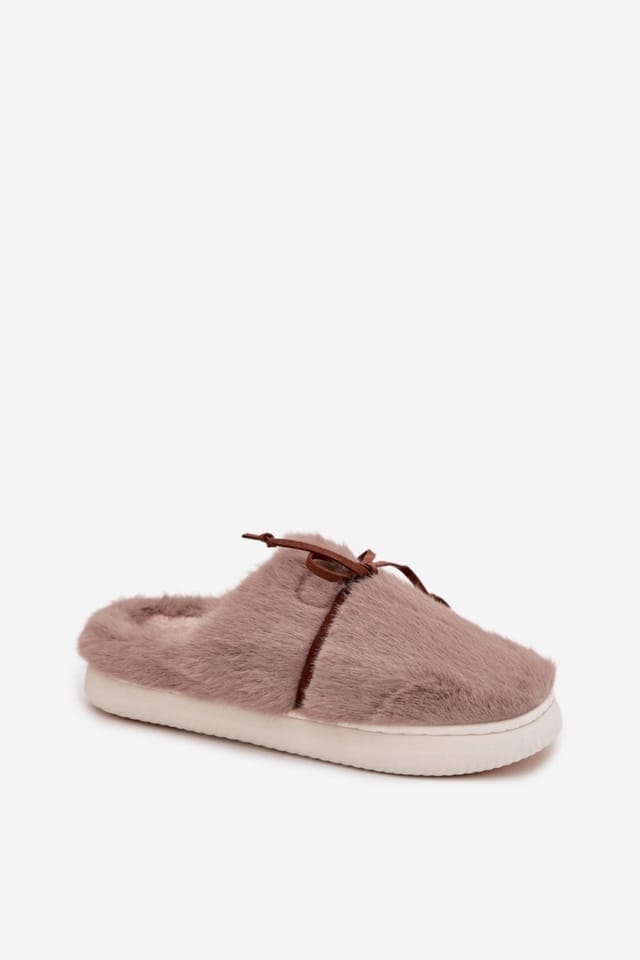 Love Lace Love Lace Women's Fur Bow Front Step In Slippers Soft Insole Warm Indoor Comfort in Taupe - 2