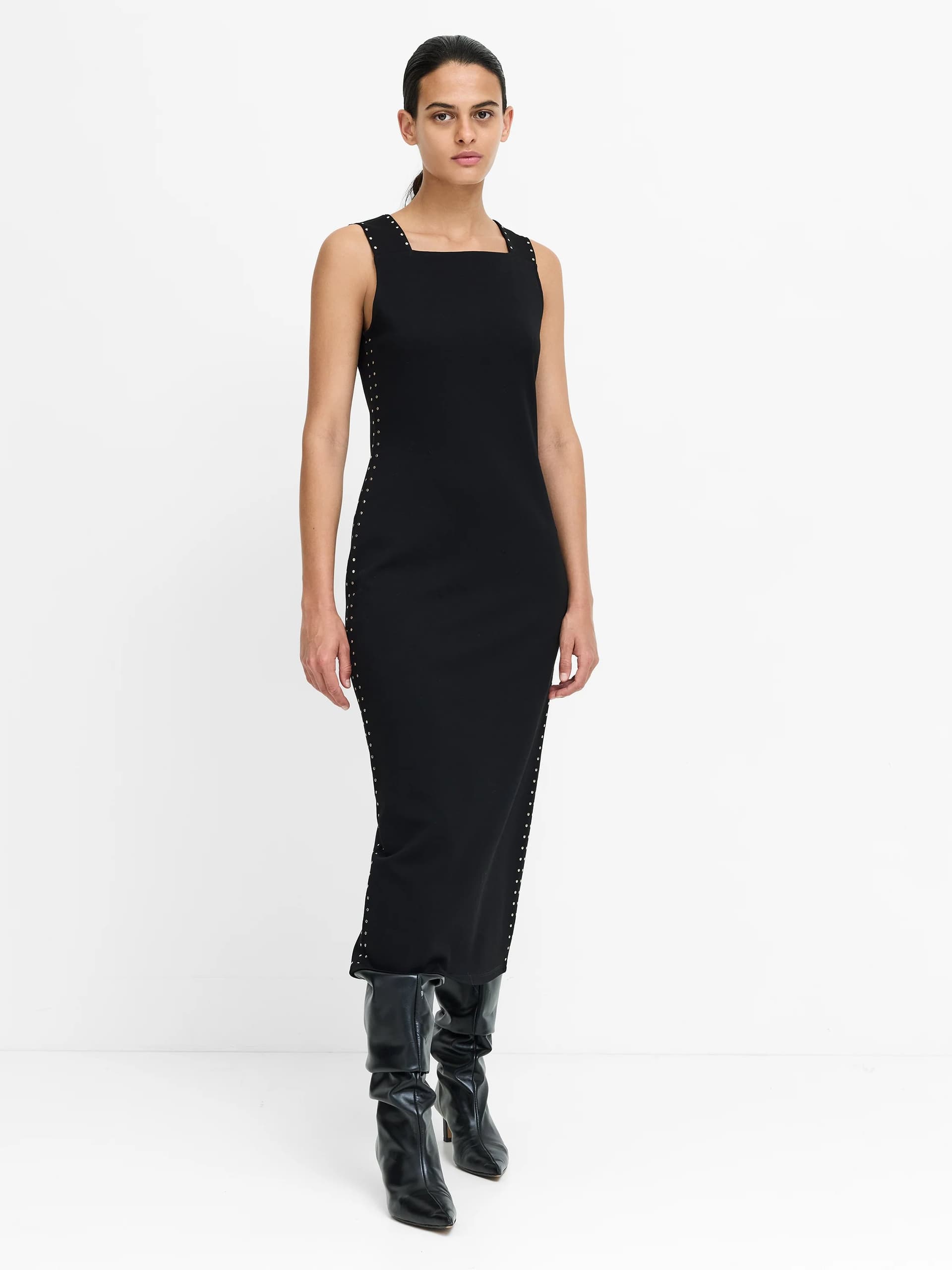 French Connection Orla Black Studded Jersey Midi Dress Black