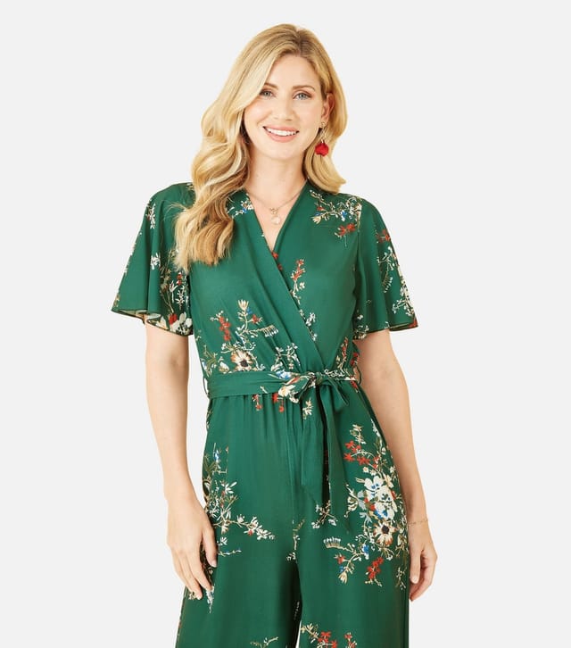 Mela Women's Green Floral Wide Leg Crop Wrap Jumpsuit Mela New Look - 2