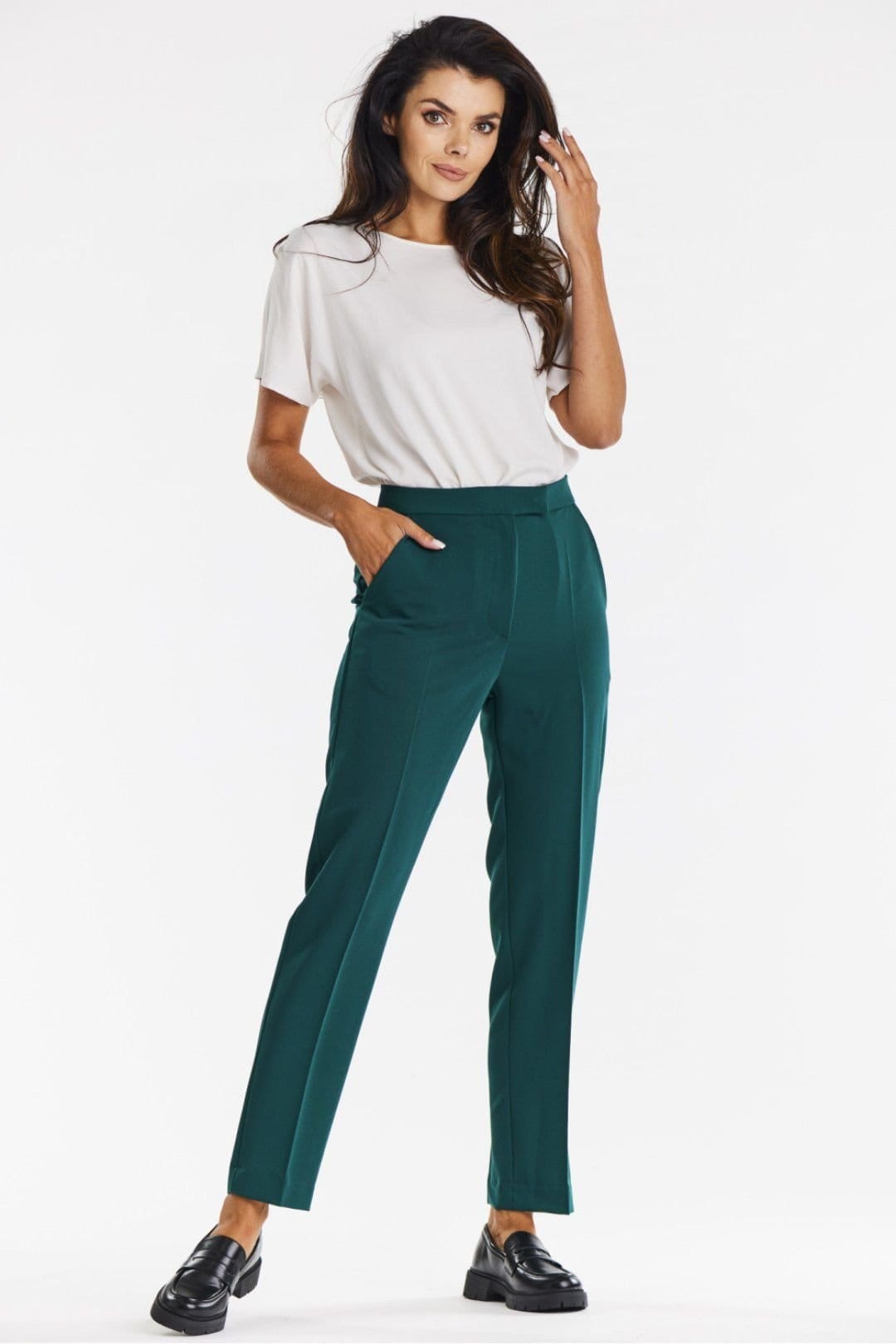 Love Lace Green Viscose Cigarette Trousers with Cuffs