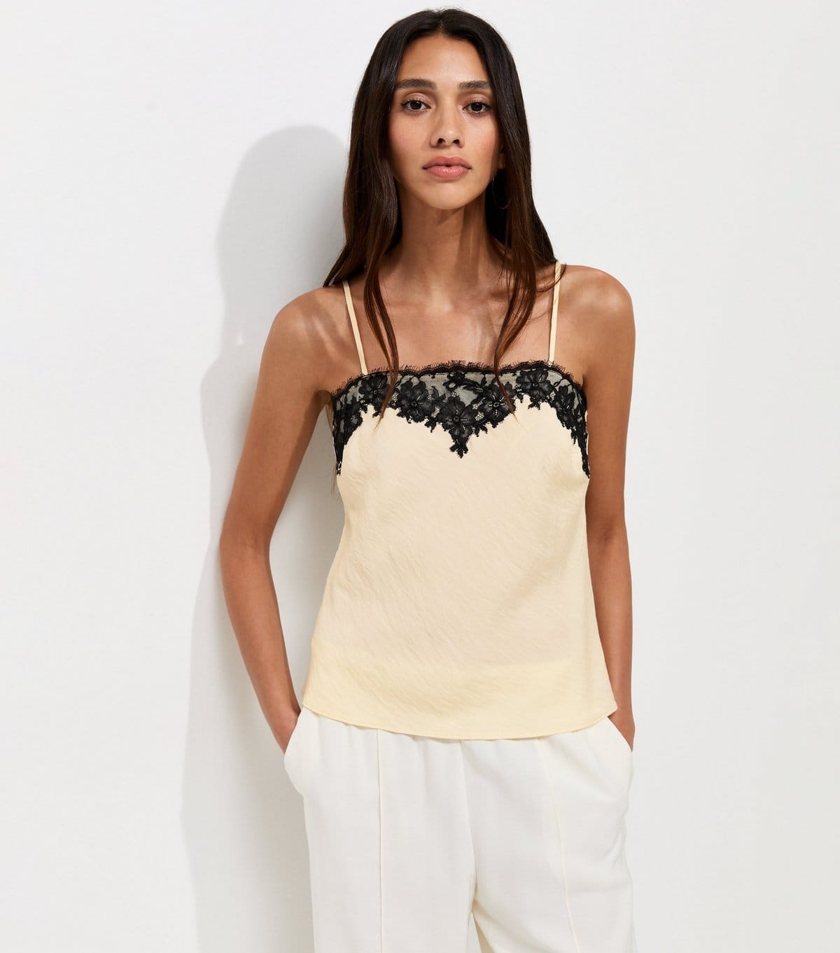 New Look Women's Cream Woven Lace Trim Cami Top New Look - 1