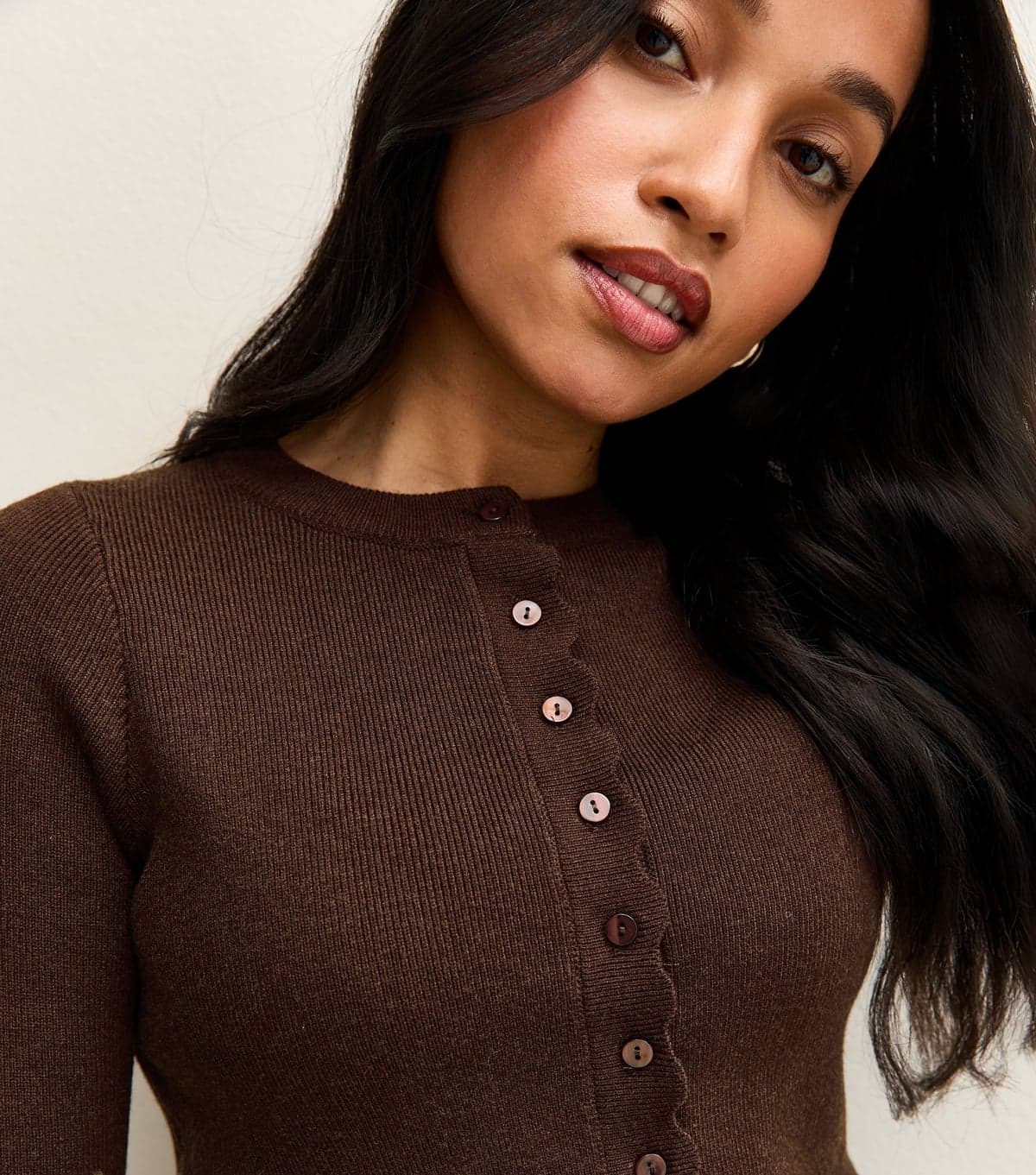 New Look Women's Petite Dark Brown Scalloped Trim Compact Knit Cardigan New Look