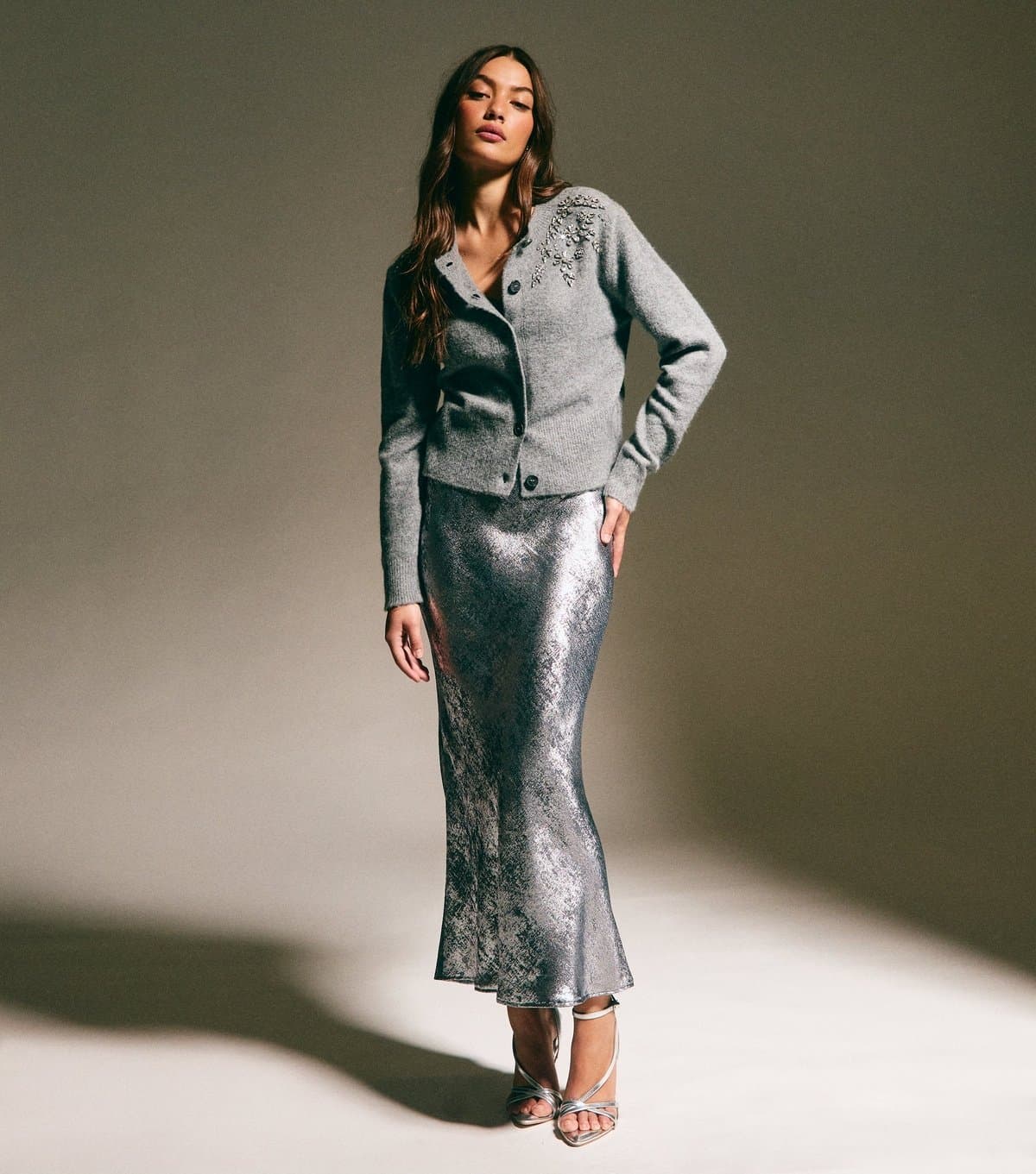 New Look New Look Silver Metallic Bias Cut Midi Skirt