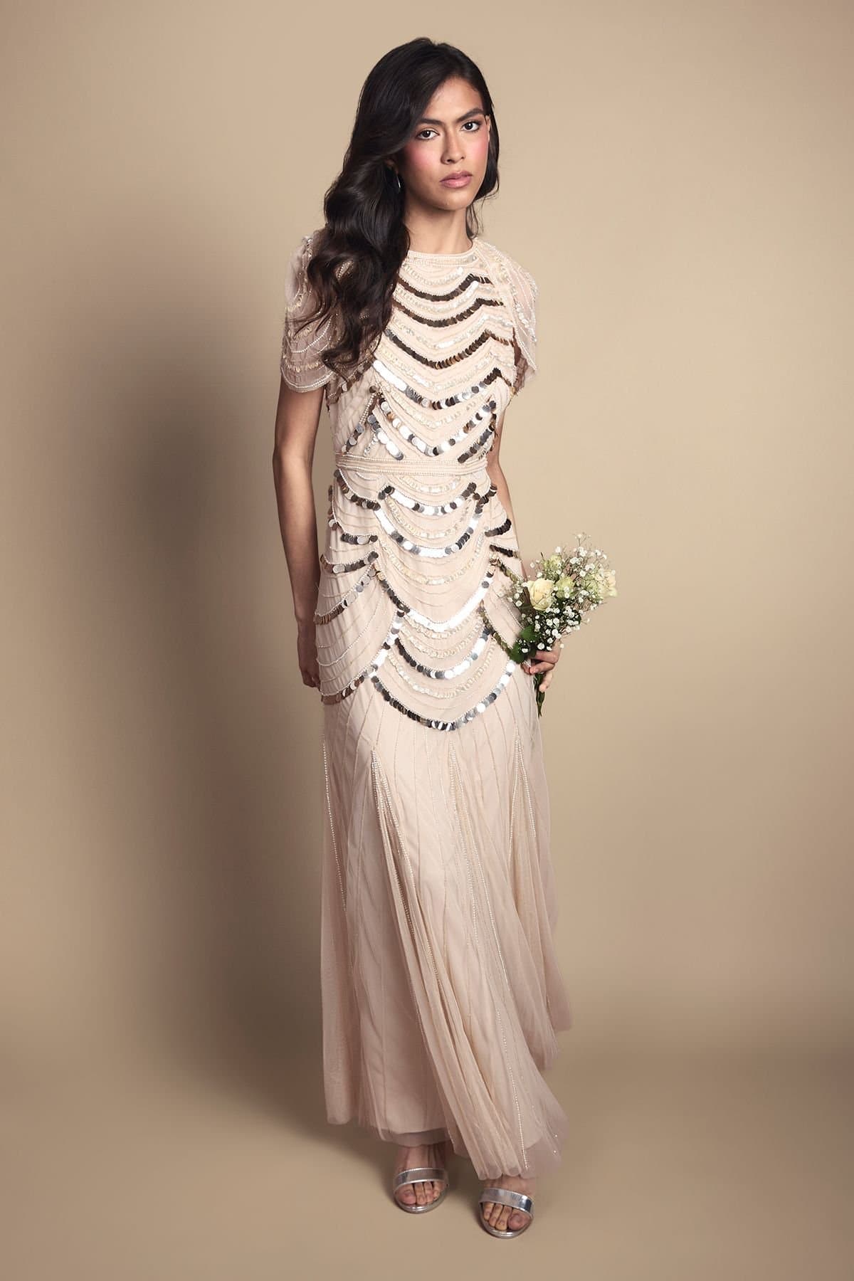 Coast Coast Women's Cape Shoulder Embellished Maxi Dress in Champagne