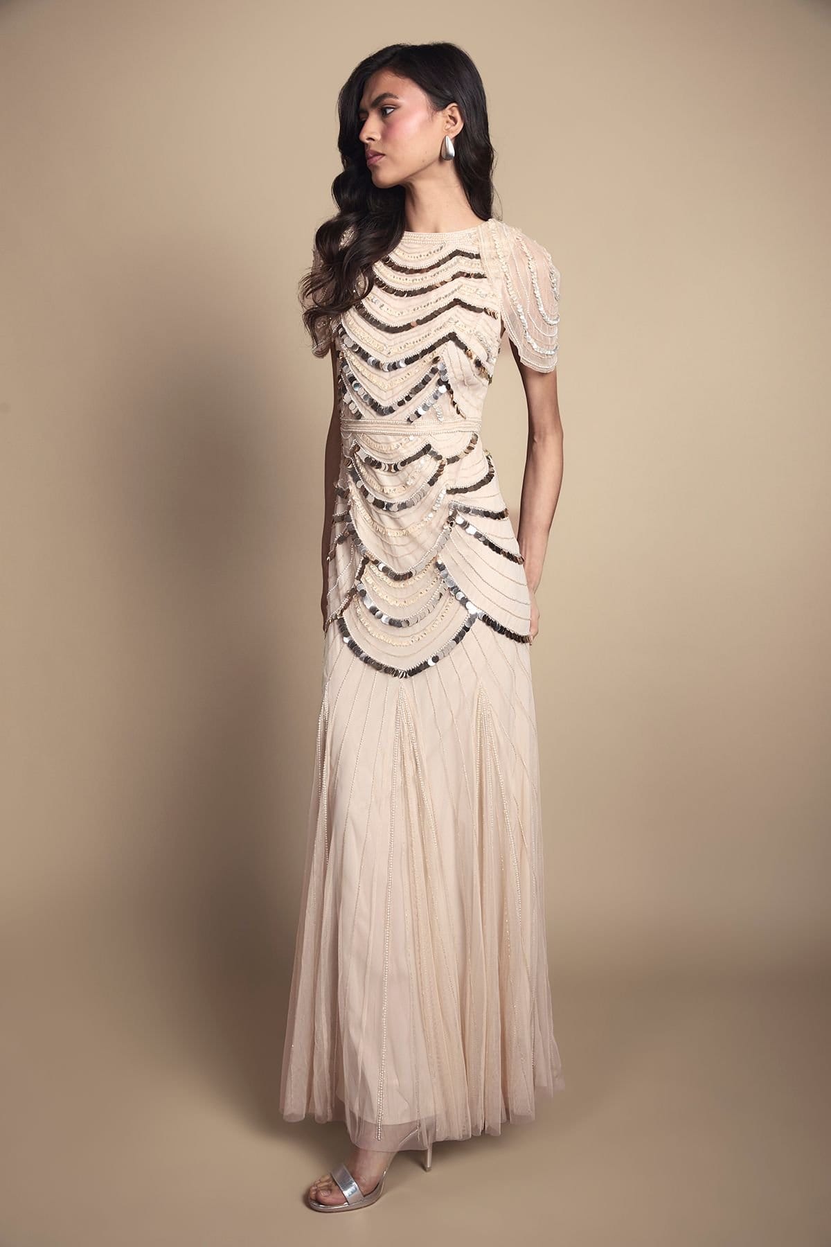 Coast Coast Women's Cape Shoulder Embellished Maxi Dress in Champagne - 4