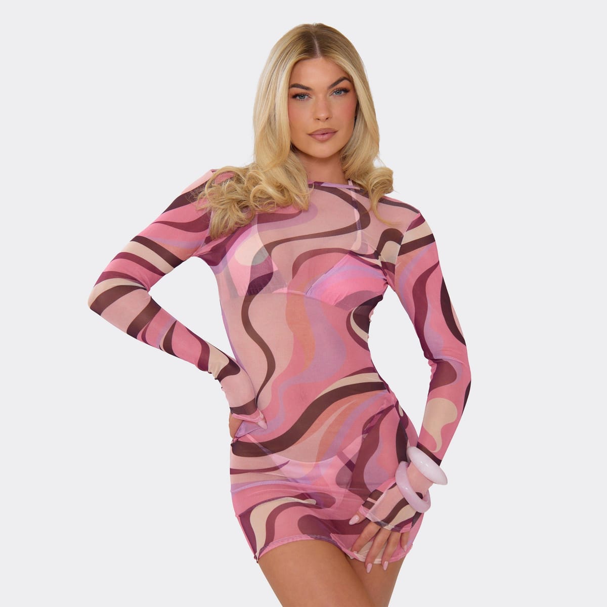 EGO Long Sleeve Scoop Back Mini Dress In Pink Swirl Print, Women's Size UK 6 - 1