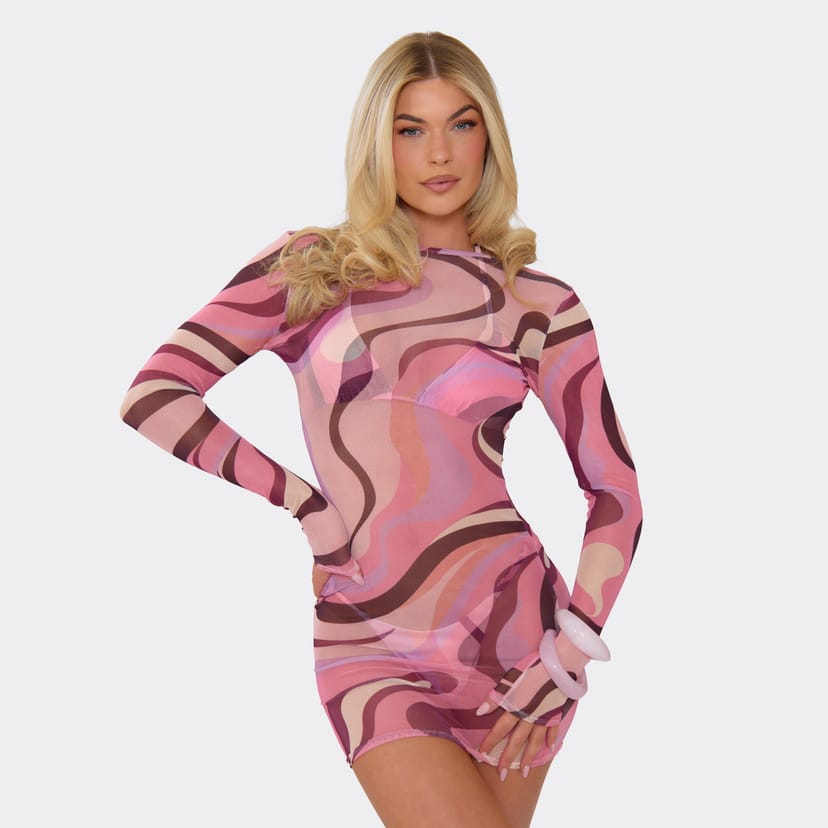 EGO Long Sleeve Scoop Back Mini Dress In Pink Swirl Print, Women's Size UK 6 - 1