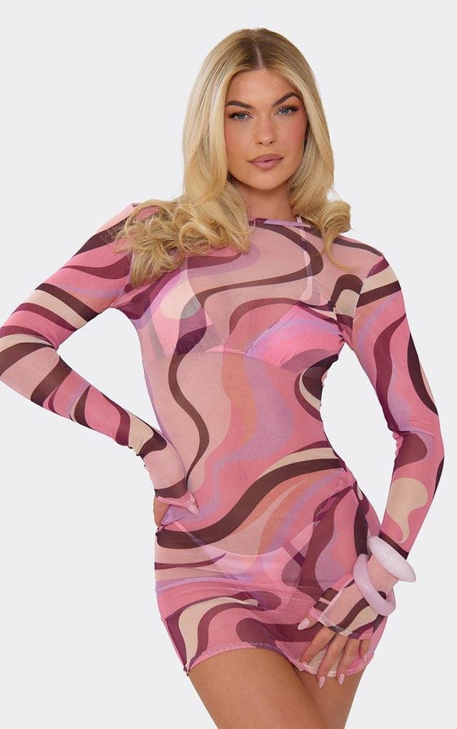 EGO Long Sleeve Scoop Back Mini Dress In Pink Swirl Print, Women's Size UK 6 - 2