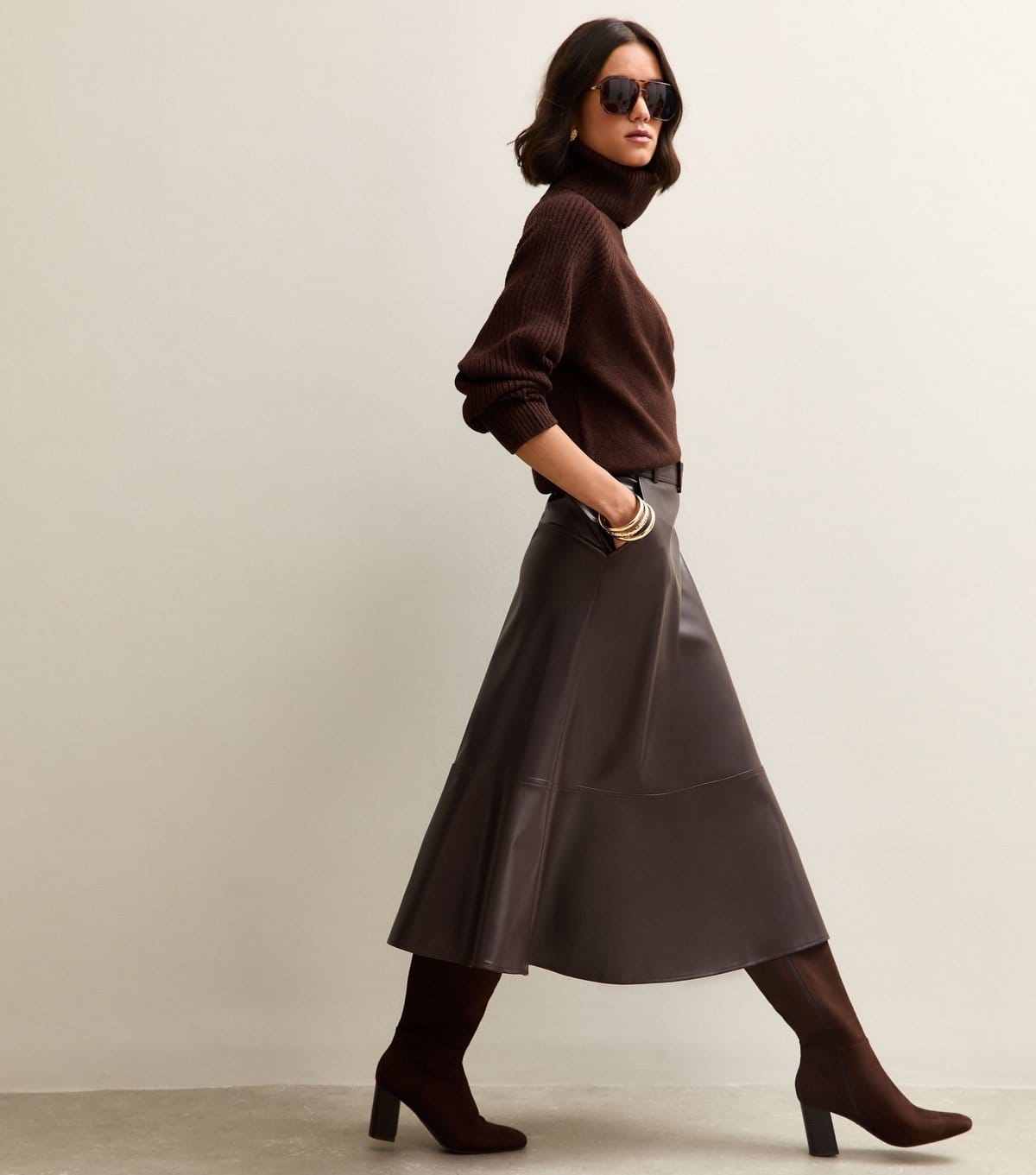 New Look Brown Faux Leather Belted Midi Skirt