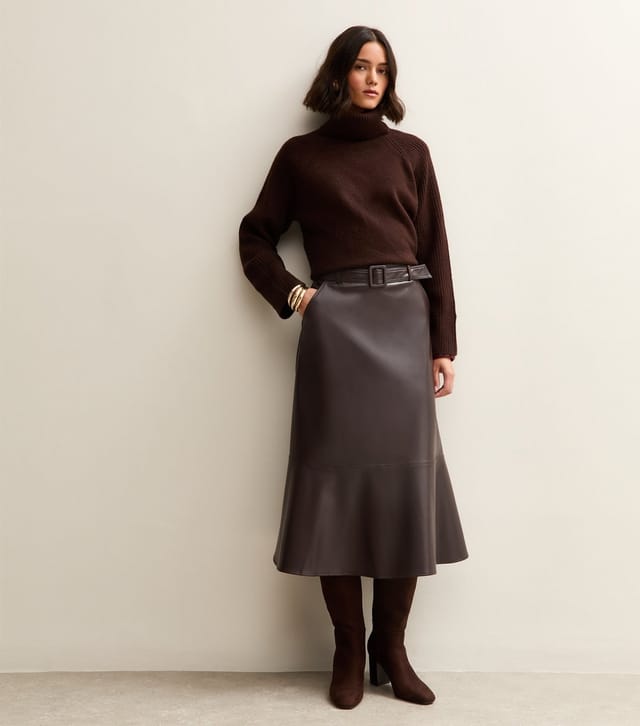 New Look Women's Brown Faux Leather Belted Midi Skirt New Look - 2