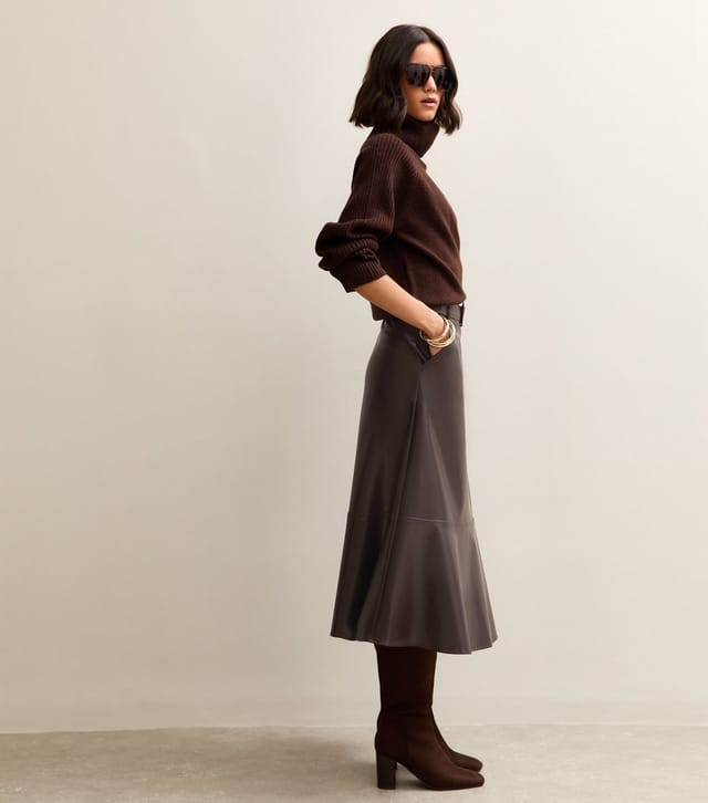 New Look Women's Brown Faux Leather Belted Midi Skirt New Look - 3