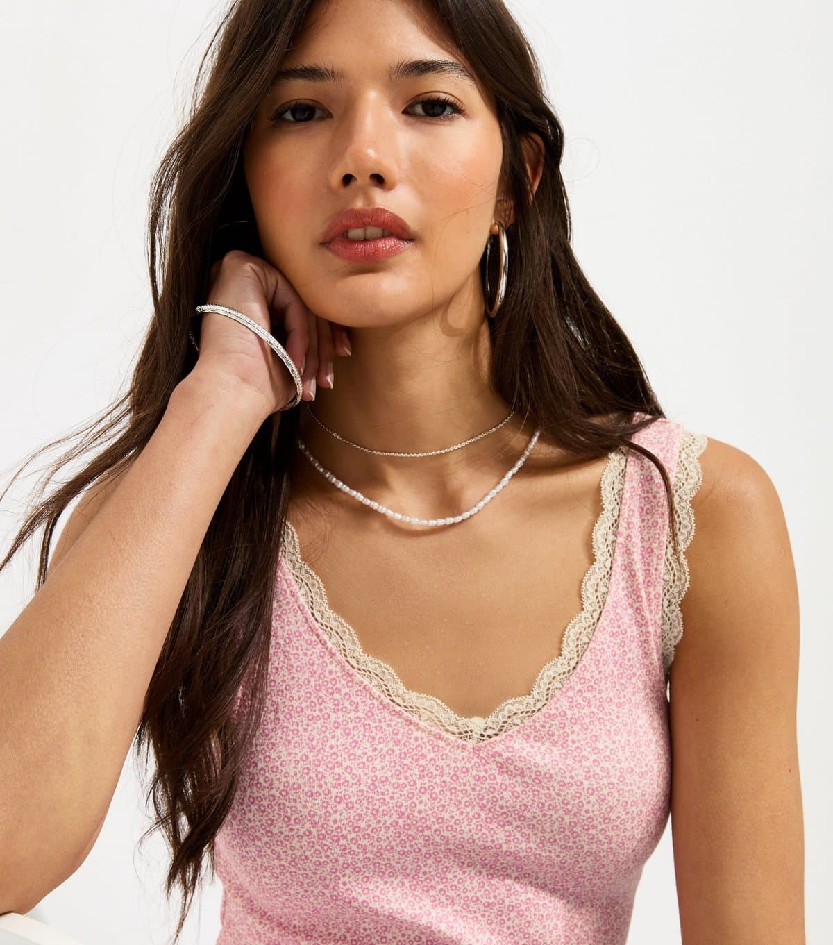 New Look New Look Pink Floral Lace Trim Vest