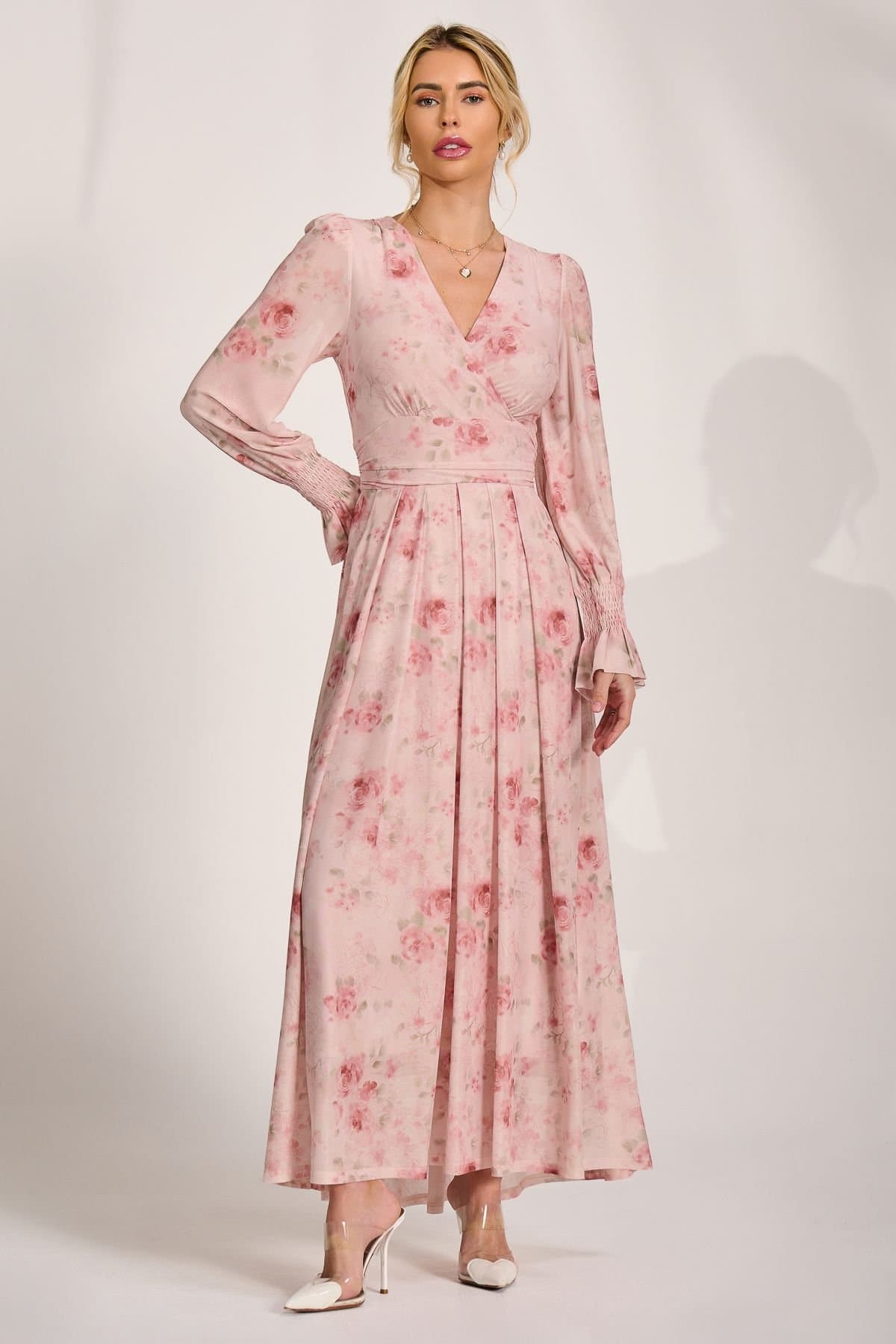 Jolie Moi Jolie Moi Women's Long Sleeve V Neck Mesh Maxi Dress in Light Pink