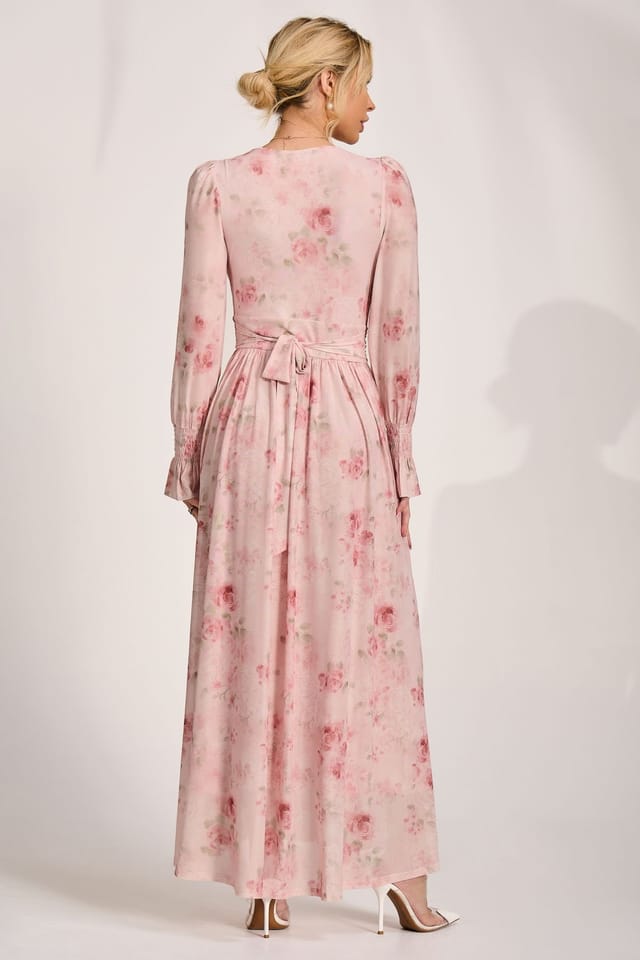 Jolie Moi Jolie Moi Women's Long Sleeve V Neck Mesh Maxi Dress in Light Pink - 2