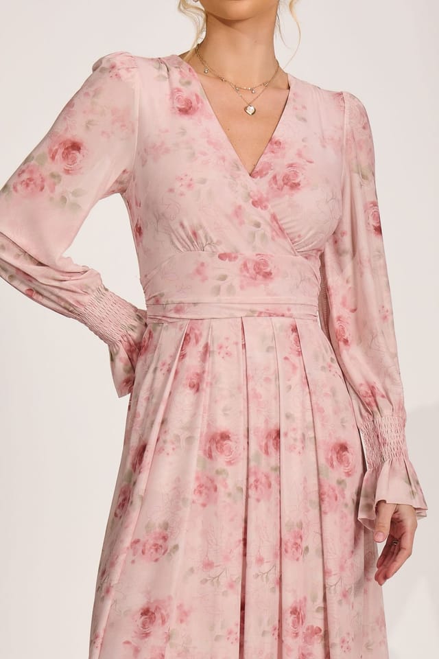 Jolie Moi Jolie Moi Women's Long Sleeve V Neck Mesh Maxi Dress in Light Pink - 3