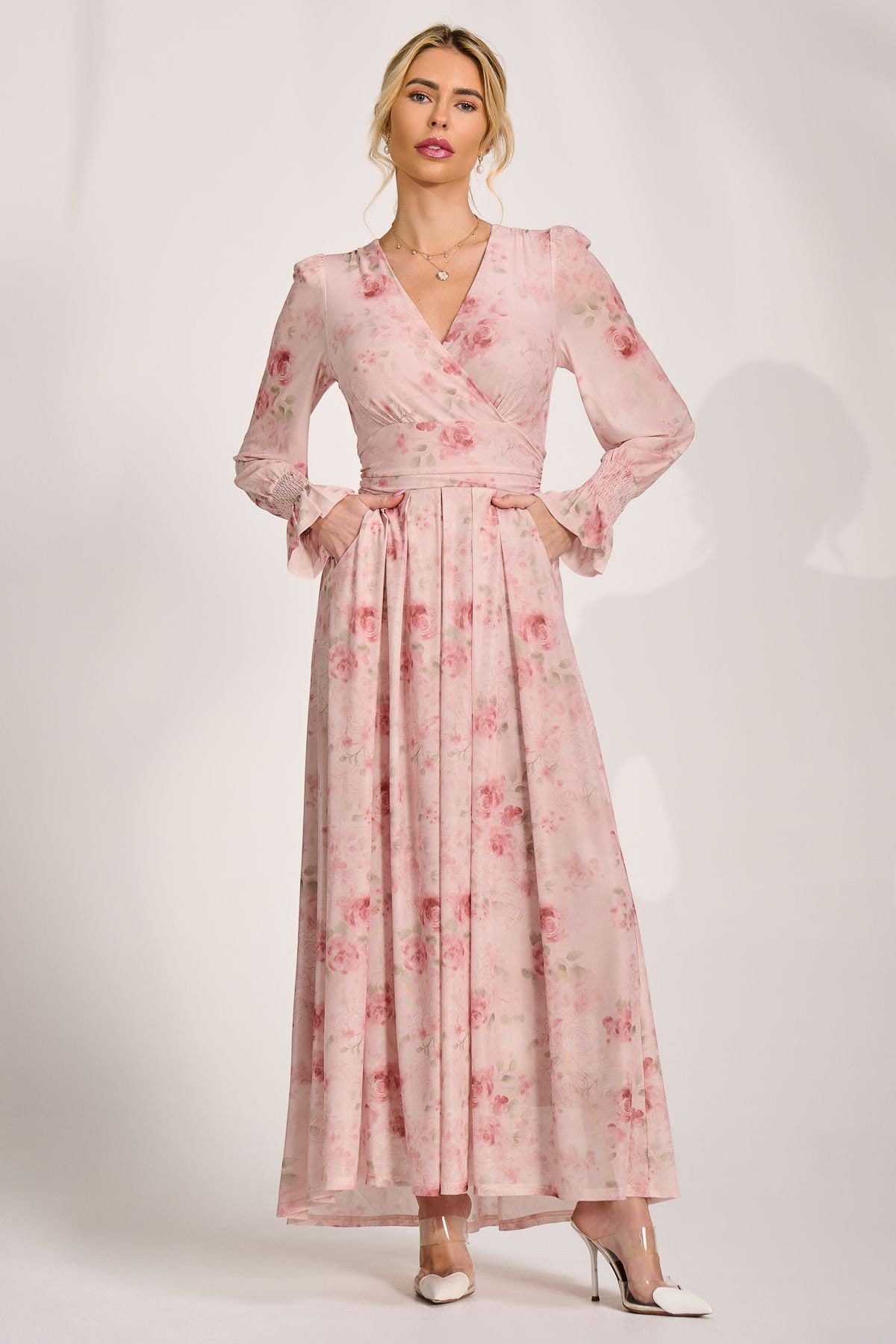 Jolie Moi Jolie Moi Women's Long Sleeve V Neck Mesh Maxi Dress in Light Pink - 4