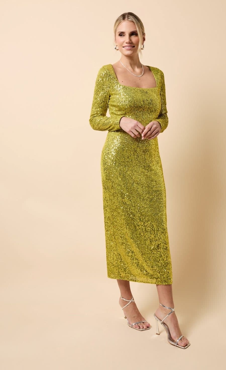 Little Mistress Little Mistress Women's Lime Sequin Square Neck Midaxi Dress