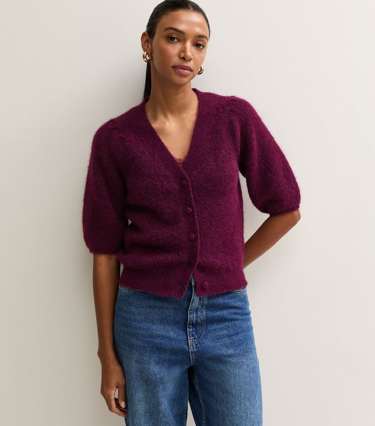 New Look Women's Bright Purple Ribbed Knit Puff Sleeve Cardigan with Wool New Look