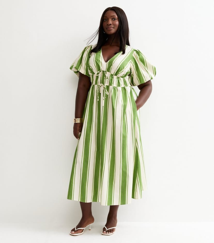 New Look Women's Plus Size Green Striped Puff Sleeve Midi Dress Curves New Look - 1