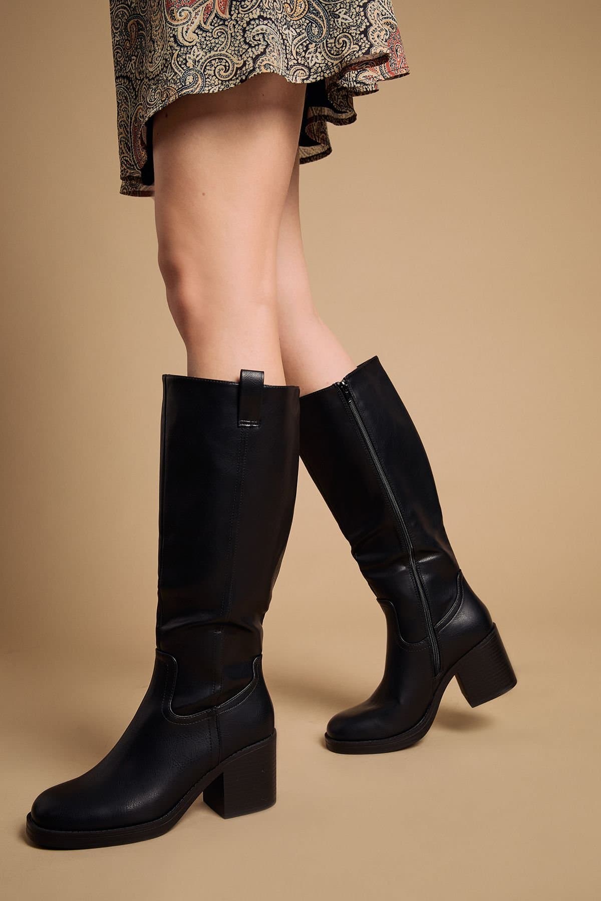 Oasis Oasis Women's Kyrene Faux Leather Platform Gaucho High Block Heel Knee Boots in Black