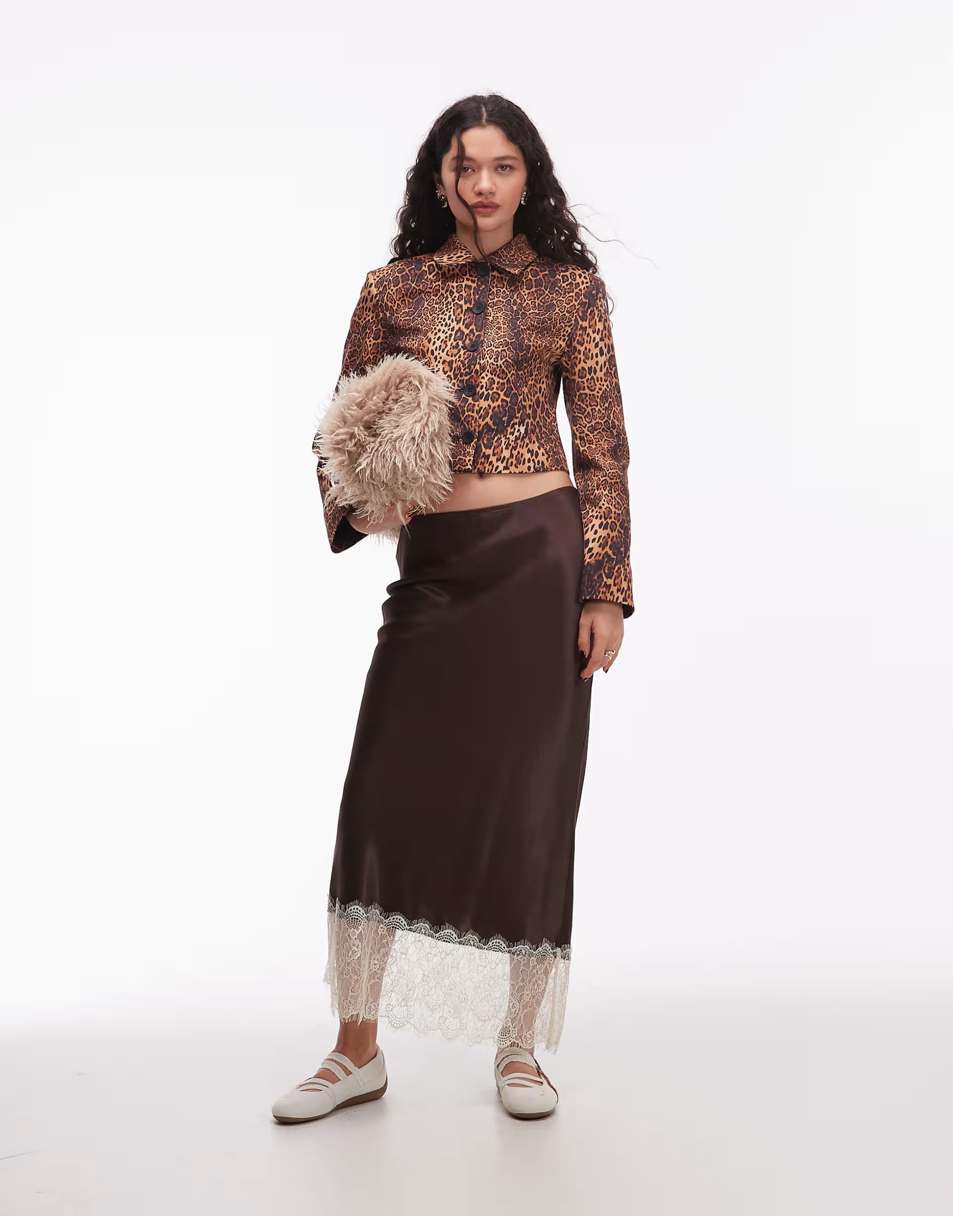 ASOS Satin Lace Trim Bias Midi Skirt in Chocolate