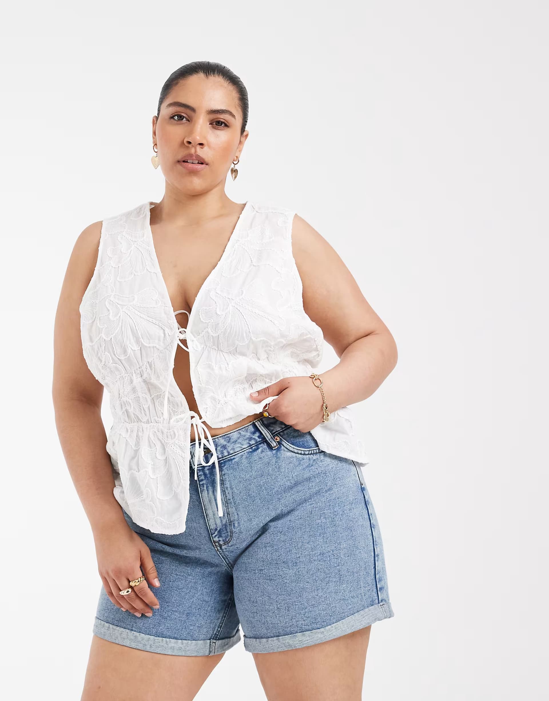 ASOS Vero Moda Curve high rise loose fit denim shorts in medium blue wash