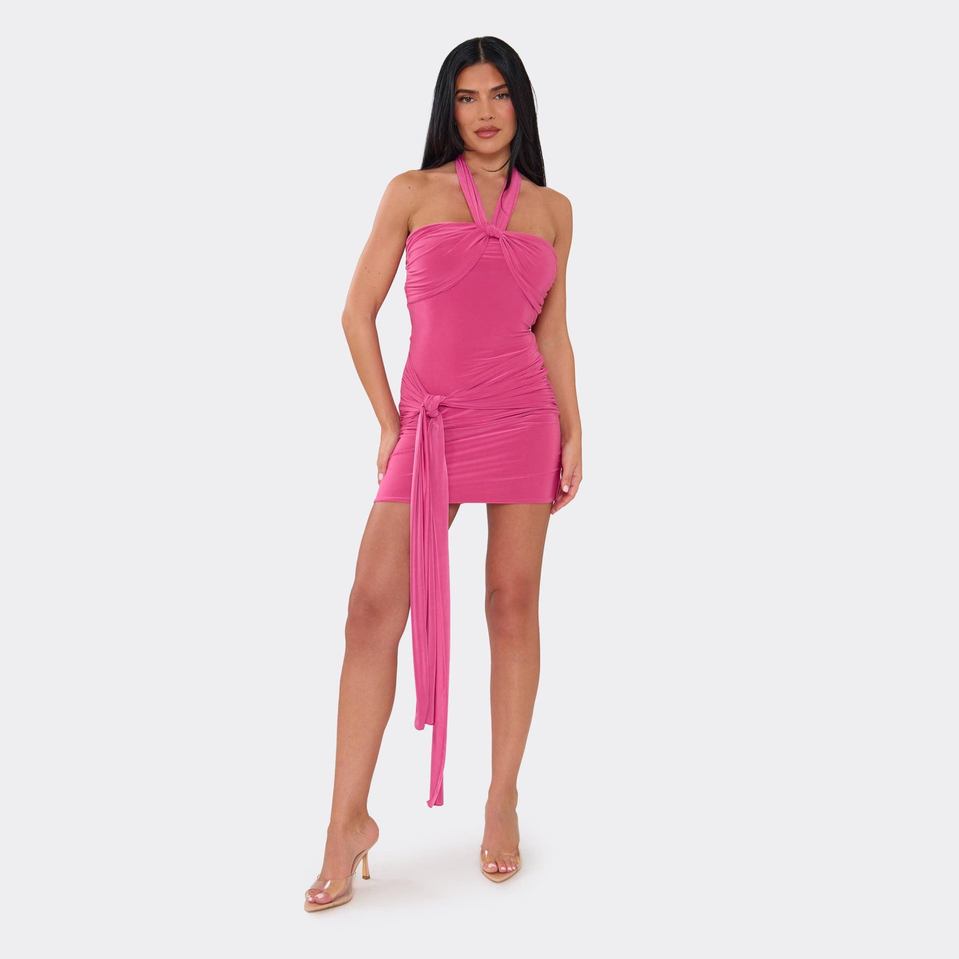 EGO Halterneck Twist Back Detail Tie Drape Front Mini Dress In Hot Pink, Women's Size UK 6