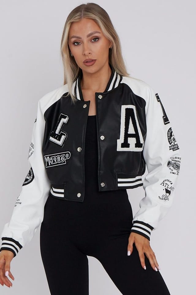 STYLEWISE STYLEWISE Women's Embroidered Detail - Cropped Fit - PU Varsity Jacket in Black - 2