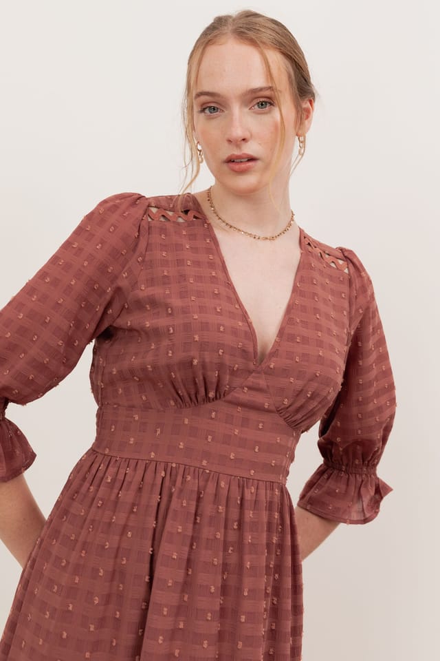 Lovedrobe Lovedrobe Women's Gingham V Neck Midaxi Dress in Terracotta - 3