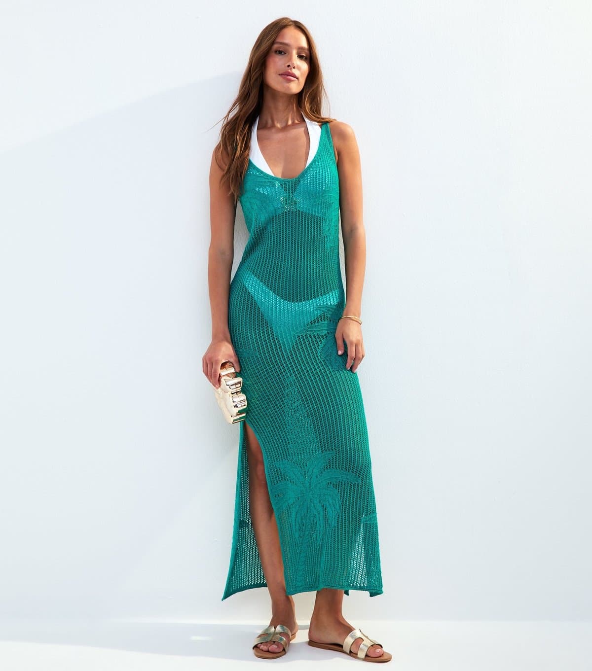New Look Women's Green Palm Crochet Cover Up Maxi Dress New Look