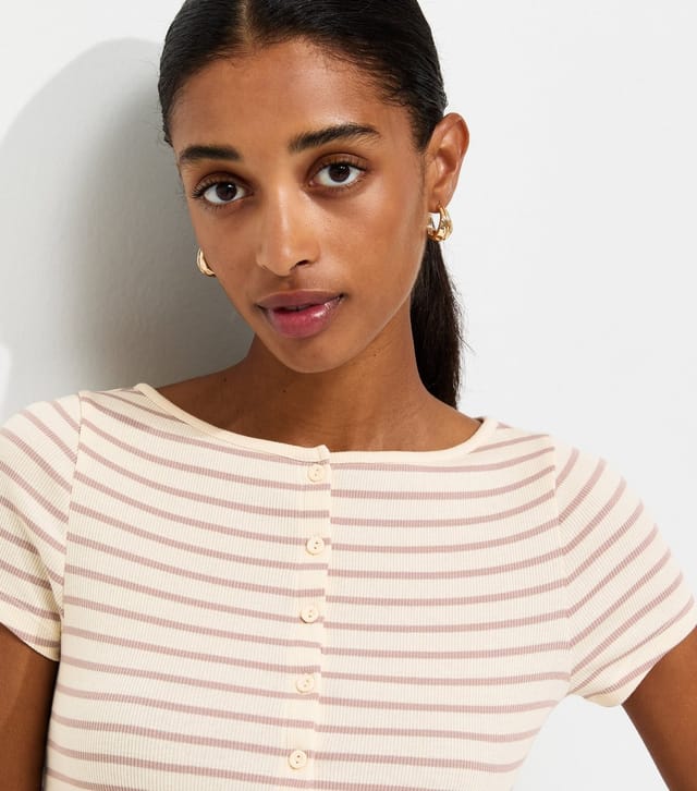 New Look Women's White Cotton Rich Striped Button Through Baby Tee T-Shirt New Look - 2